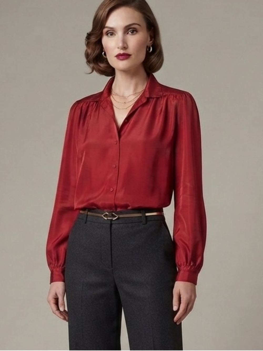 80’s Vintage Gailord Red Satin Long Sleeve Button Front Blouse Puff Sleeve 12